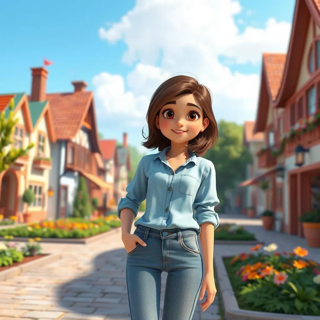 Image of Amina, a 16-year-old girl with medium brown hair wearing a simple jeans and a light blue shirt, standing in a small town square with gardens and small houses, cheerful atmosphere, digital art, vibrant colors, optimistic