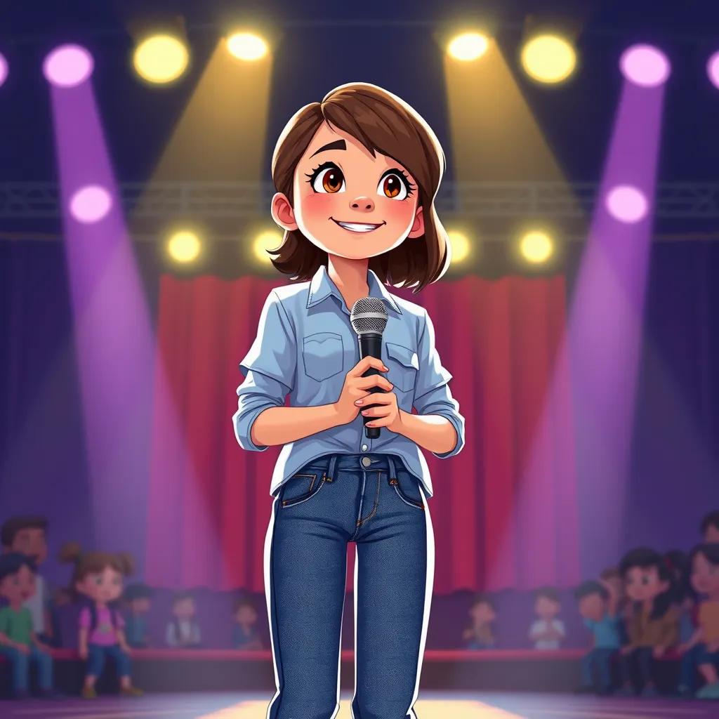 Image of Amina, a 16-year-old girl with medium brown hair in a simple jeans and a light blue shirt, standing on the school stage, holding a microphone with bright stage lights around her, excitement in the air, illustration, colorful, engaging