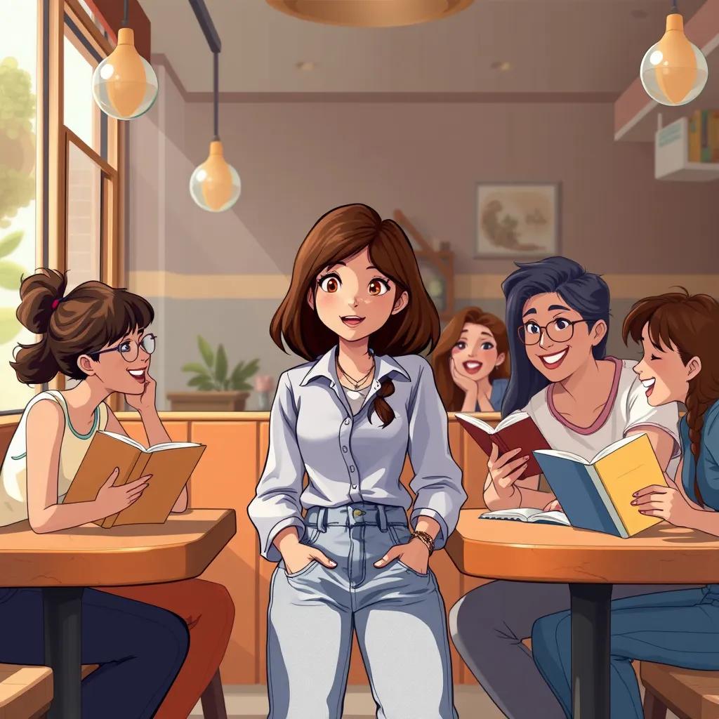 Image of Amina, a 16-year-old girl with medium brown hair in a simple jeans and a light blue shirt, sitting with friends in a cozy café, sharing stories and laughter, a friendly and inviting atmosphere, detailed illustration, colorful