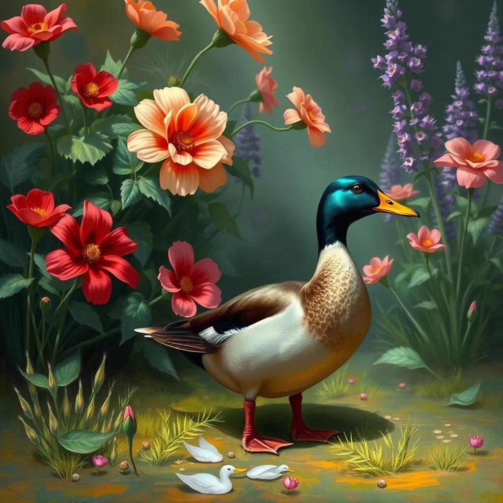 Image of The duck waddling past beautiful flowers that sway in the breeze, bright flowers of red, purple, and pink, capturing the joyful energy of the scene, digital art, vibrant colors.