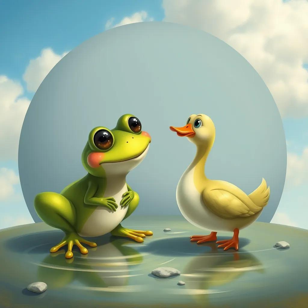 Image of A friendly green frog looking at the waddling duck, smiling, with a big round pond in the background, blue skies and fluffy white clouds, digital art, cute and whimsical style.