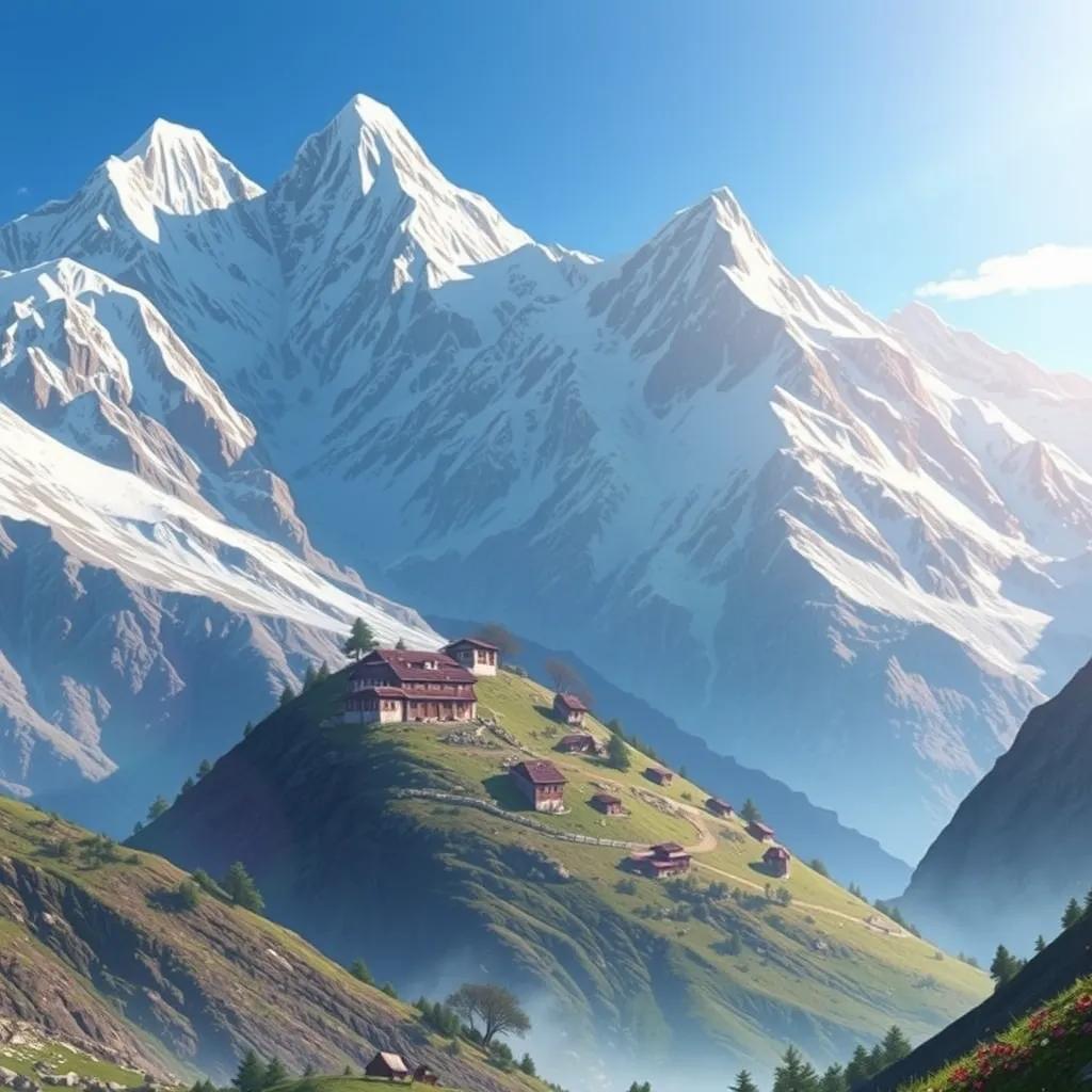 Image of A serene Himalayan landscape with the village of Shurana nestled among snow-capped peaks, digital art, stunning mountain scenery, warm sunlight, inviting colors, panoramic view, high quality, focus on the beauty of nature