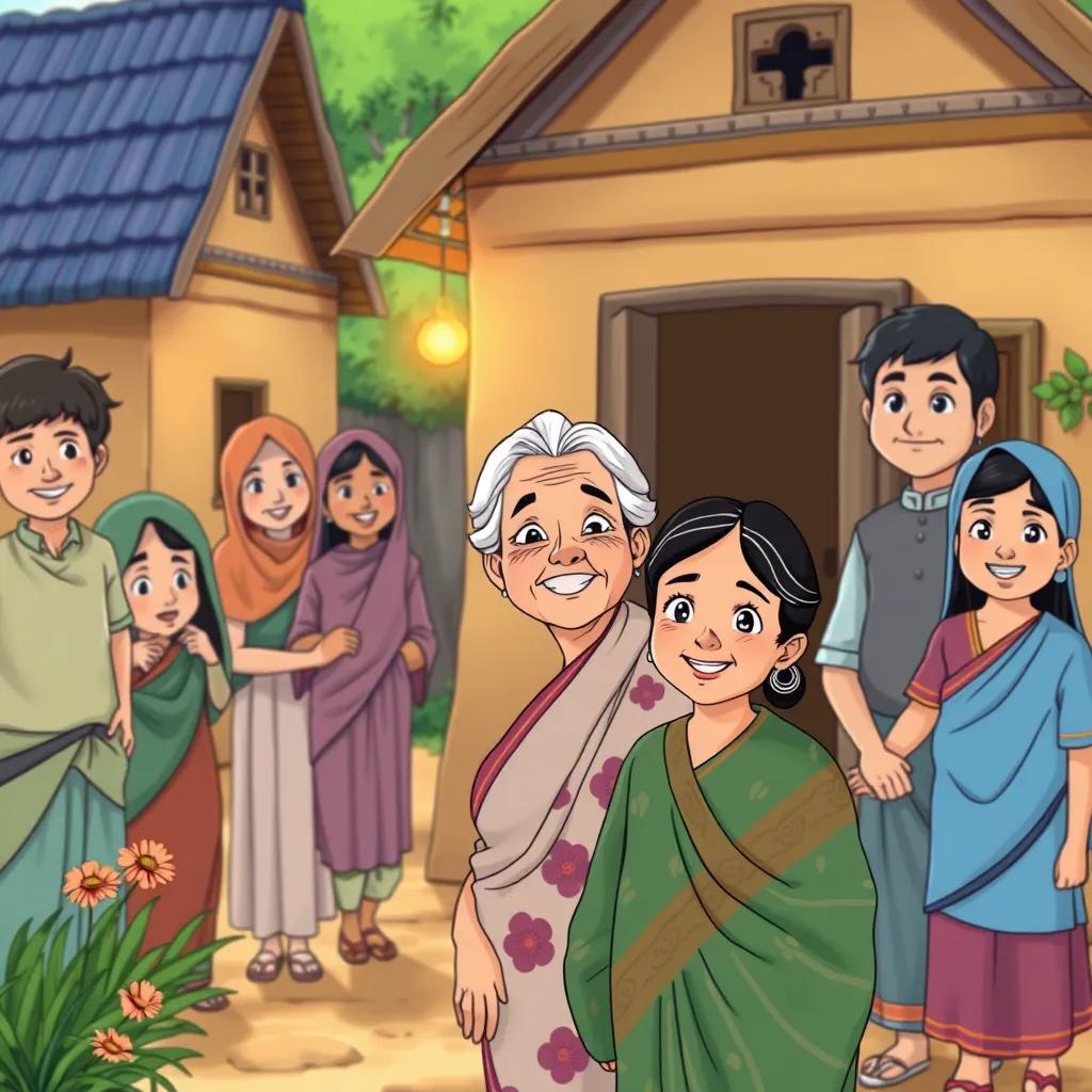 Image of A warm village scene with villagers welcoming Ethan with smiles, Lila, an elderly woman of South Asian descent, wearing traditional clothing, standing in front of a small house, detailed illustration, colorful and inviting, community spirit, child-friendly