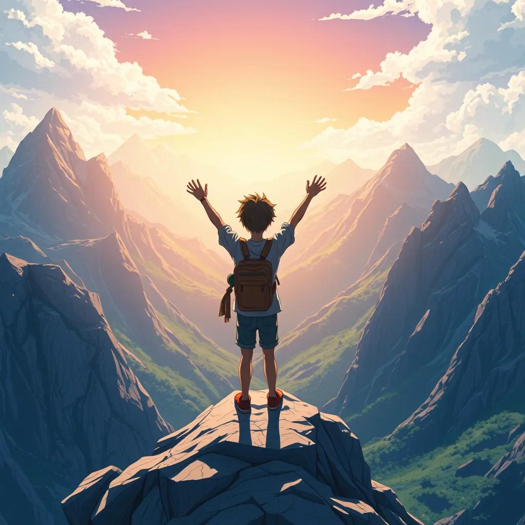 Image of Ethan standing triumphantly at the top of a mountain peak, a beautiful view of other peaks around him, feeling light and free, digital art, uplifting atmosphere, bright colors, epic perspective, high quality