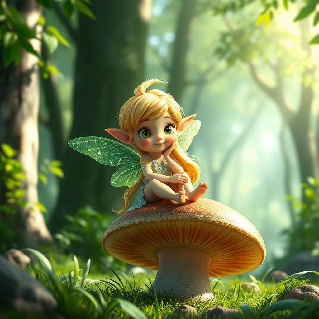 Image of A little elf, Elara, with shiny golden hair and sparkling green wings, sitting on a large mushroom in a green forest with sunlight filtering through the trees, digital art, bright and cheerful colors, whimsical atmosphere, high quality