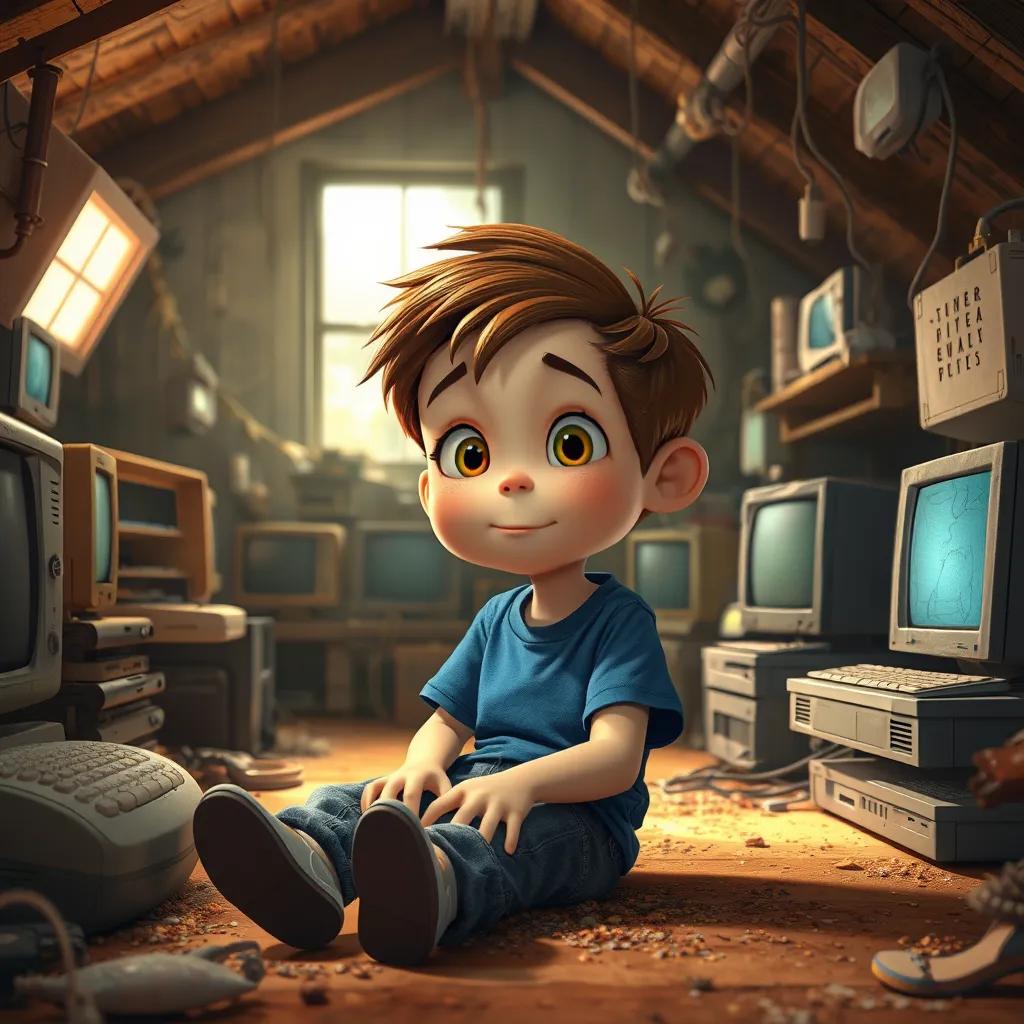 Image of A curious boy, Timmy, with short brown hair, wearing a blue T-shirt and jeans, sitting in a dusty attic filled with old computers and cobwebs, digital art, warm colors, inviting atmosphere, high quality