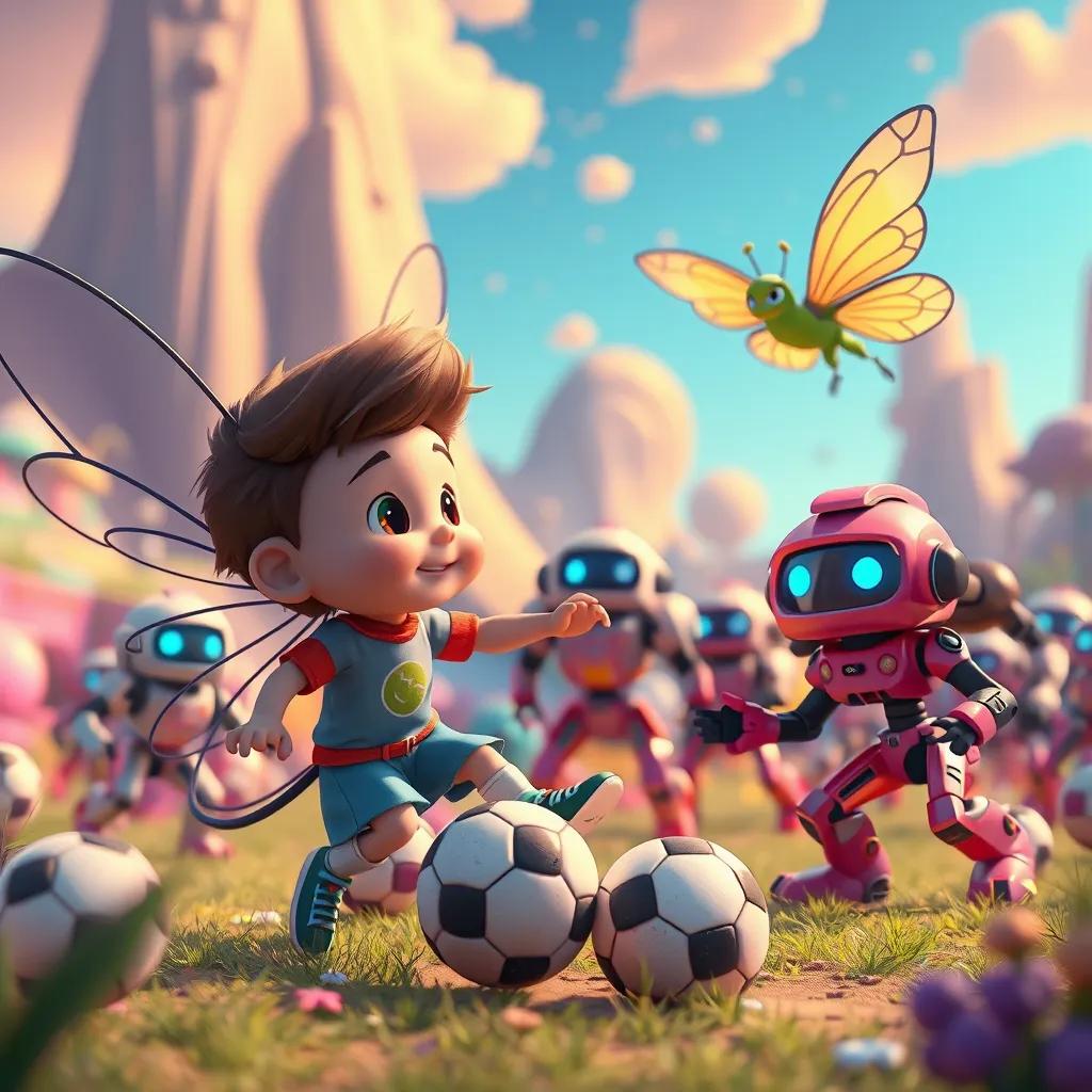 Image of Timmy and the computer fairy playing soccer with robots in a colorful land, vibrant graphics, exciting scene, digital art, fun atmosphere, high quality