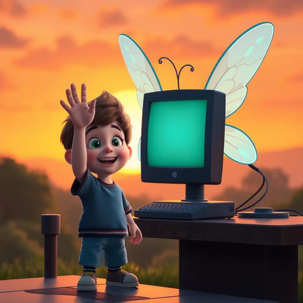 Image of Timmy waving goodbye to the friendly computer fairy, with a sunset in the background, reflecting warmth and joy, digital art, nostalgic feel, high quality