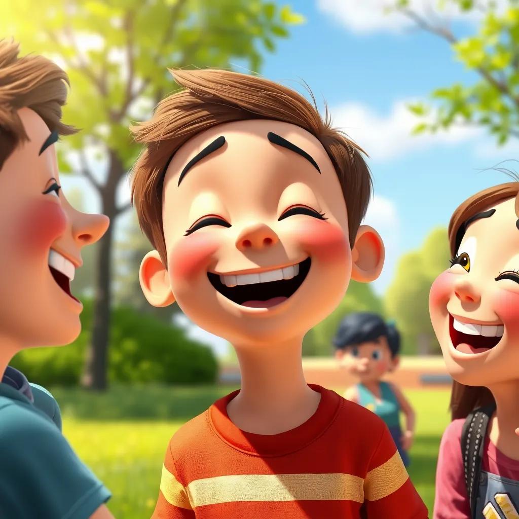 Image of Tommy, a joyful boy with short brown hair, sharing jokes with friends outside on a sunny day, with big smiles, and a park in the background, vibrant colors, happy scene, high quality