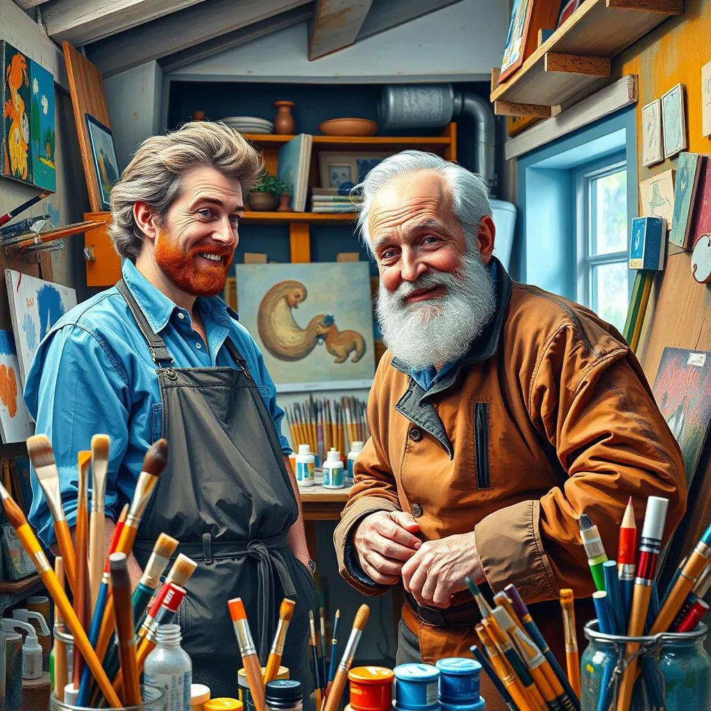 Image of Vincent in a bright, cluttered art studio with the village artist, an older man with grey hair and a kind smile. They are surrounded by colorful paints and brushes, with Vincent looking curious and eager to learn.