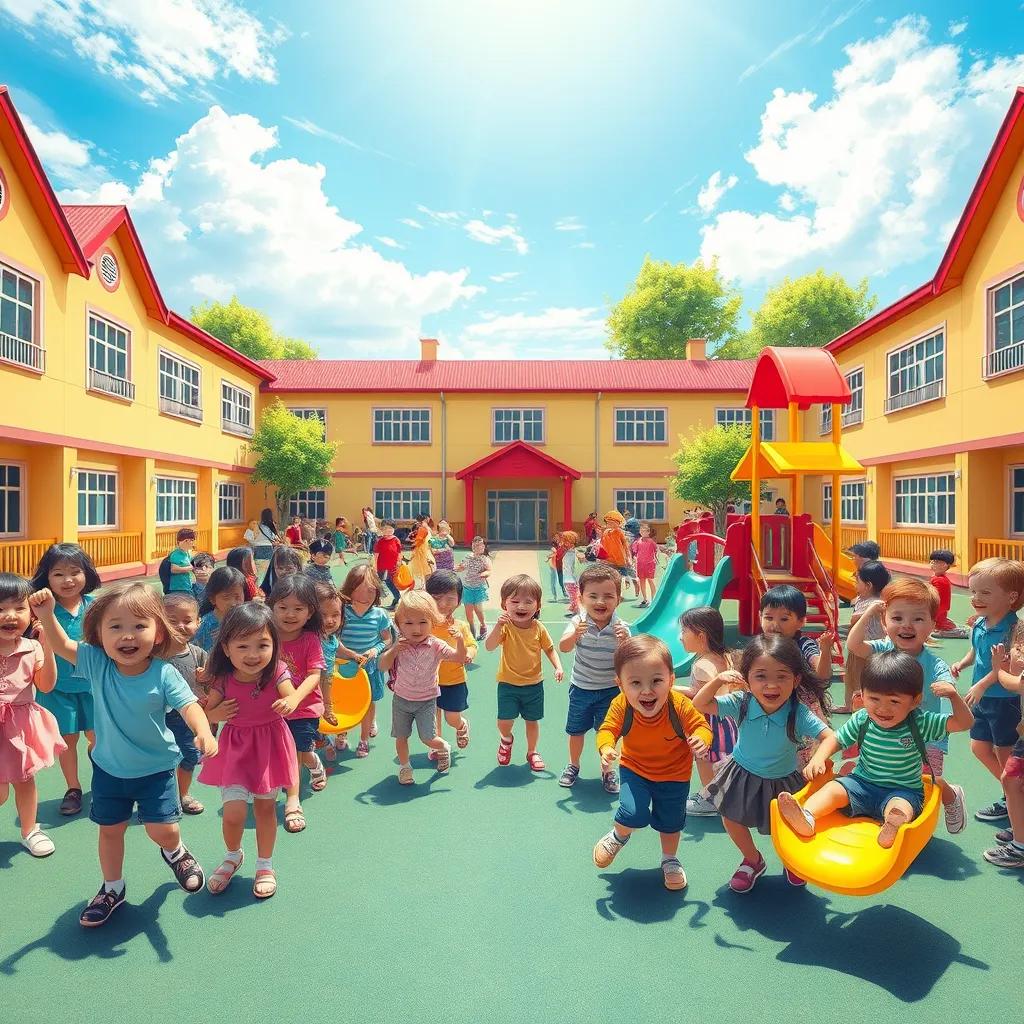 Image of A sunny school playground full of happy children playing together, colorful swings and slides, vivid blue sky, cheerful atmosphere, digital art, bright colors, joyful scene, high quality