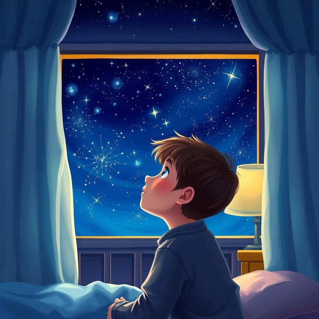 Image of A boy named William looking up at a starry night sky from his bedroom, with twinkling stars in a deep blue sky, a dreamy expression on his face, digital art, child-friendly style.