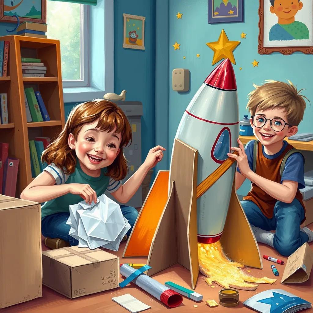 Image of William building a rocket ship with cardboard boxes, tape, and shiny paper, surrounded by his friends Ana and Jake, all smiling and working together in a colorful room, digital art, child-friendly style.