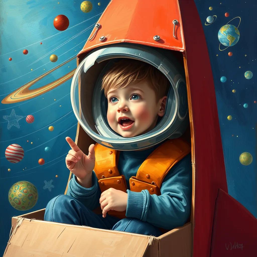 Image of William sitting inside a cardboard rocket ship wearing a homemade helmet, counting down with excitement, with bright colors and imaginative space backgrounds, digital art, child-friendly style.