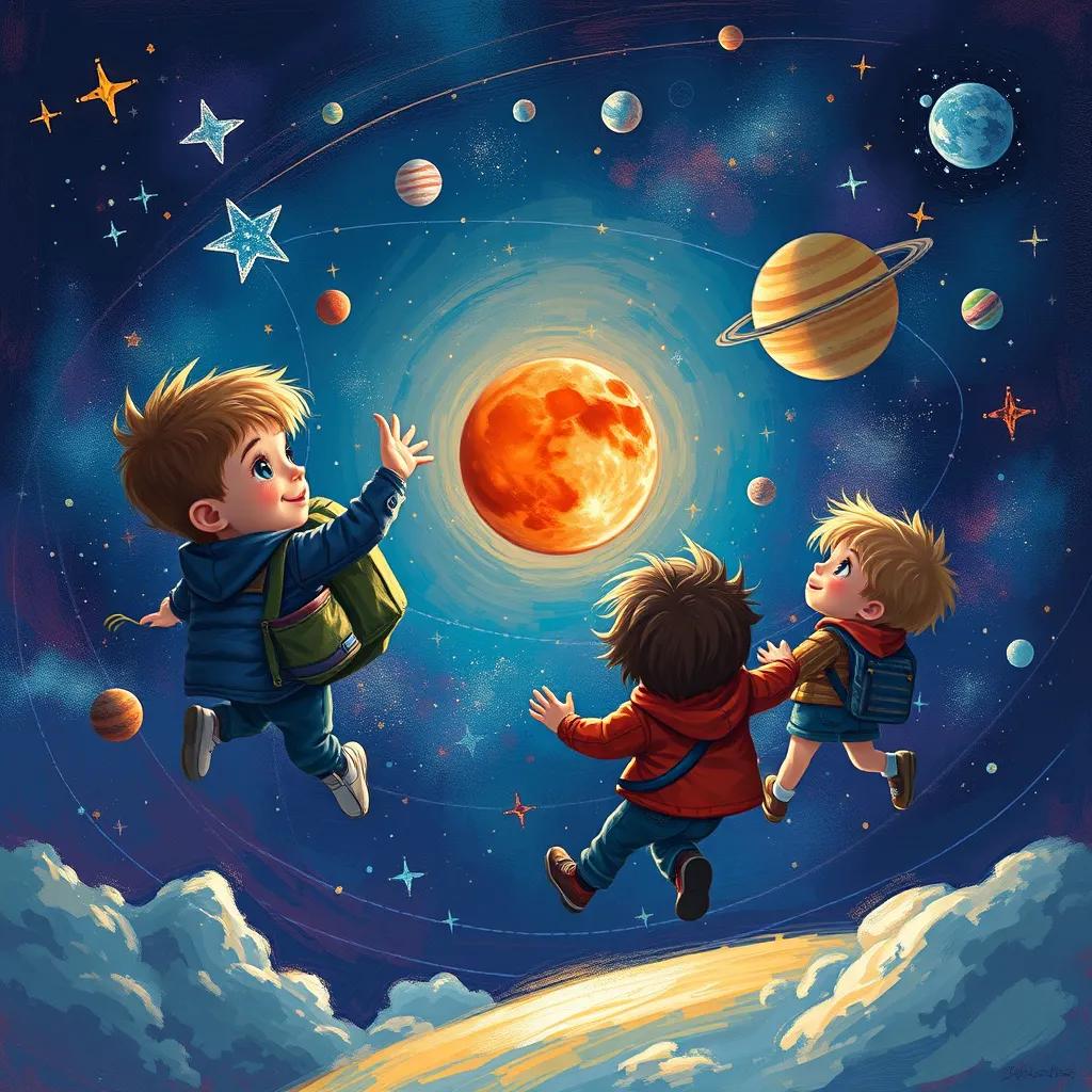 Image of William and his friends imagining soaring through space with vibrant stars and planets around them, with a focus on the bright red planet Mars visible in the distance, digital art, child-friendly style.