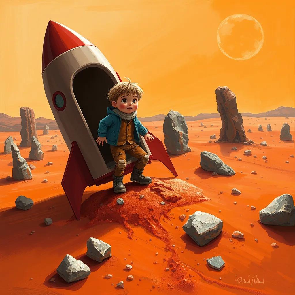 Image of William stepping out of the rocket on a red Martian landscape with strange rocks and dust, looking amazed and excited, with an orange sky, digital art, child-friendly style.