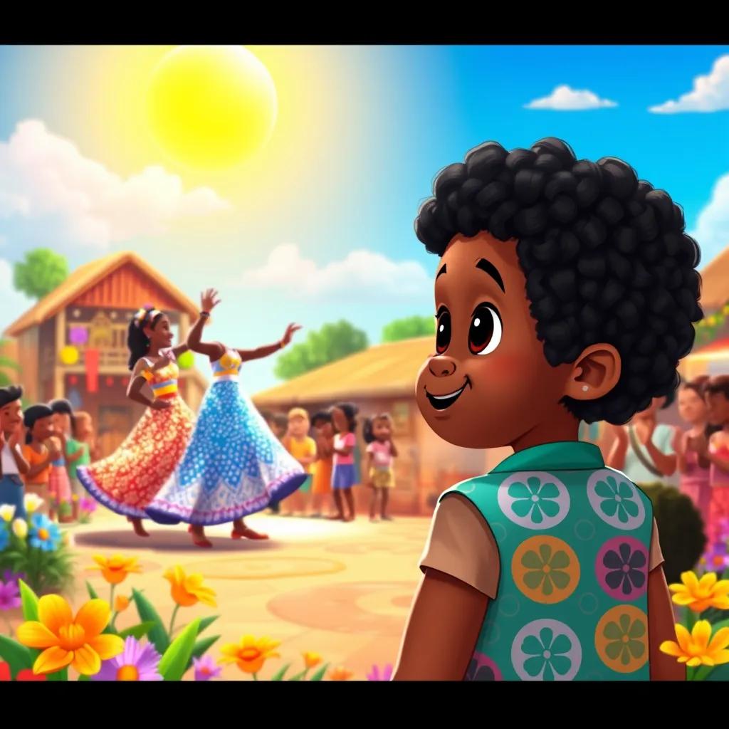 Image of A bright village scene with colorful flowers and sunny skies. Xhosa, a young child with curly black hair and a big smile, watching in awe as an amazing dancer in sparkling clothes performs in the village square. The crowd around them is filled with happy faces, clapping and cheering. Digital art, vibrant colors, cartoon-like style.