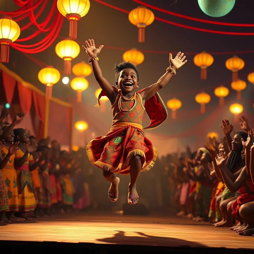 Image of Xhosa takes the stage to dance. They are mid-leap, with arms up and a huge smile, that reflects pure joy. The crowd is cheering, with bright lanterns and decorations all around. The scene captures the energy and excitement of the performance under beautiful, vibrant colors.