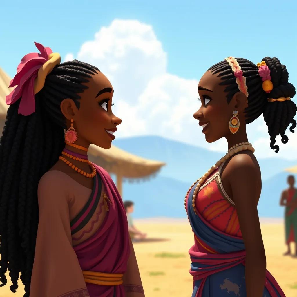 Image of Xhosa speaking to the dancer after the performance, her face filled with determination. The dancer, smiling, nods as they prepare to practice together in a sunny, open area.