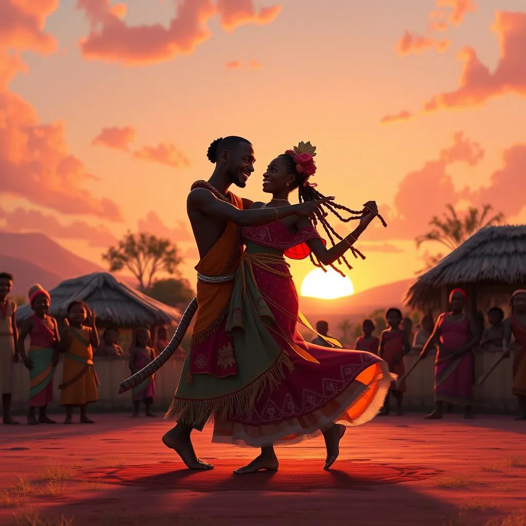 Image of Xhosa and the dancer practicing under the setting sun, with a beautiful orange and pink sky. They both dance gracefully, with joy radiating from their faces, surrounded by happy villagers.