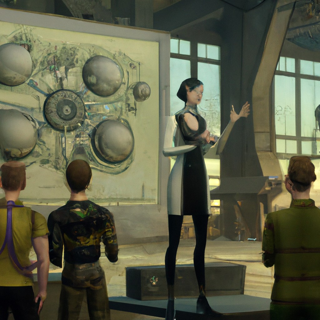 Image of Amelia standing in front of a crowd, passionately explaining her scientific findings and proposed solutions.