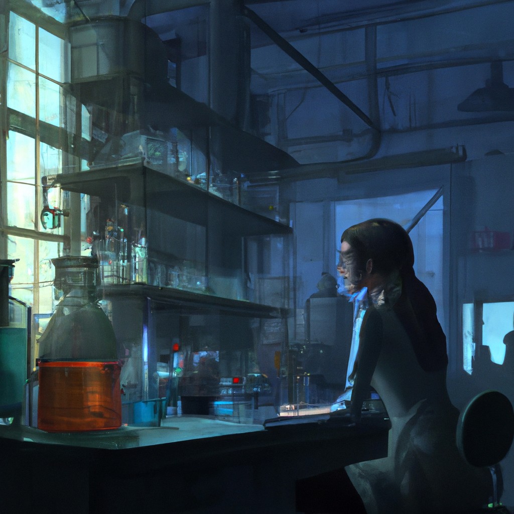 Image of A young girl with glasses, surrounded by beakers and test tubes, conducting scientific experiments in her lab.