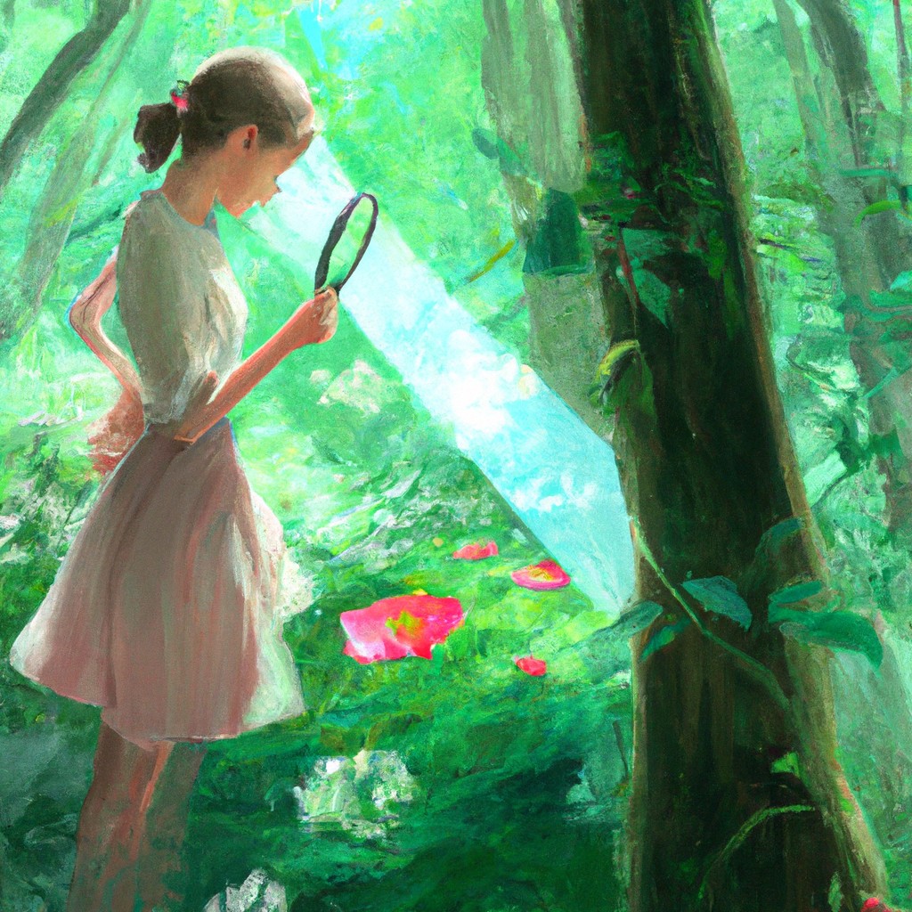 Image of A girl with a magnifying glass in hand, examining a colorful flower in a lush green forest.