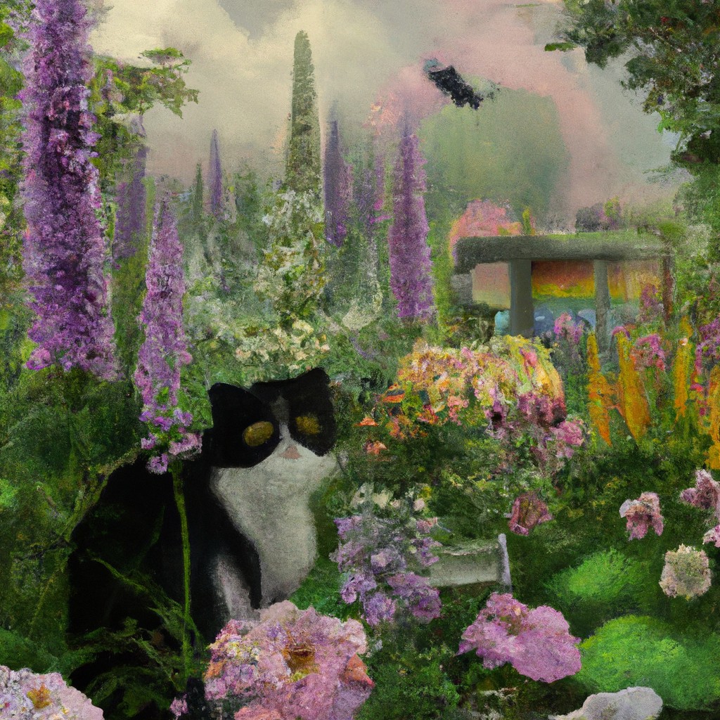 Image of Aunt May's garden filled with colorful flowers, Honey, the cat with white, black, and yellow fur, pouncing on a butterfly.