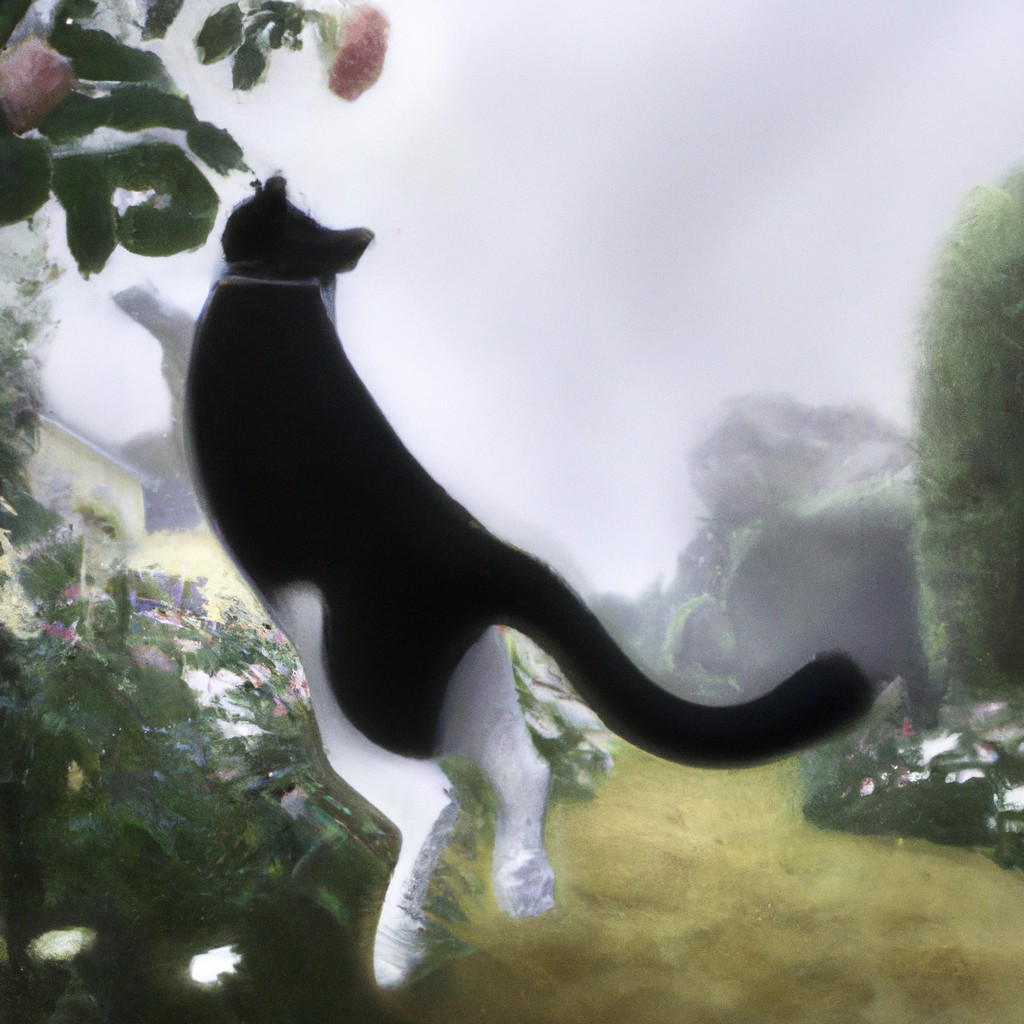 Image of Grace, the black and white cat, gracefully leaping over a bed of roses in Aunt May's garden.