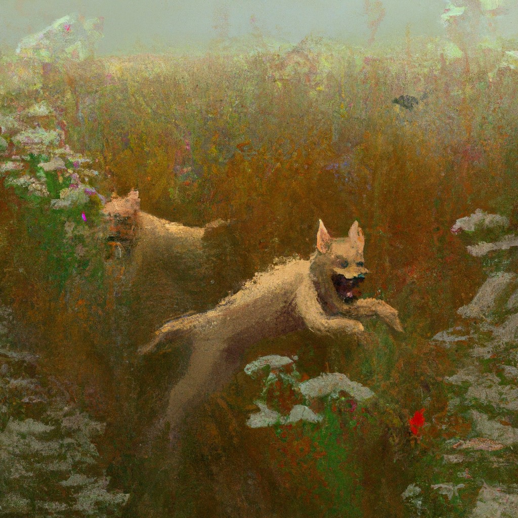 Image of Honey and Grace chasing each other through a field of tall grass, their fur blending with the greenery.