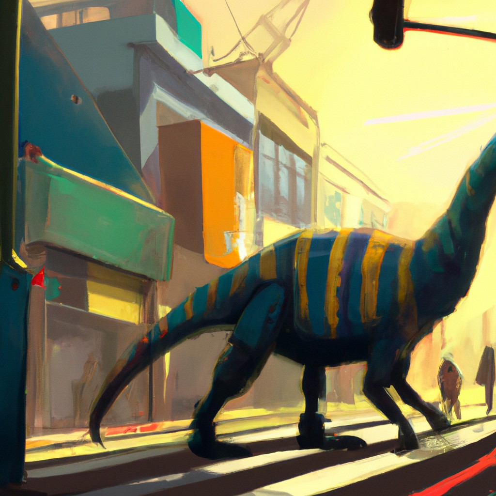 Image of Un dinosaurio de colores brillantes caminando por las calles de una ciudad moderna.