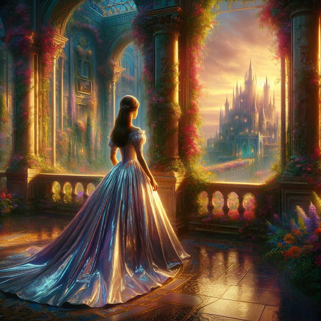 Image of Una princesa con un vestido largo y brillante en un castillo rodeado de jardines coloridos.