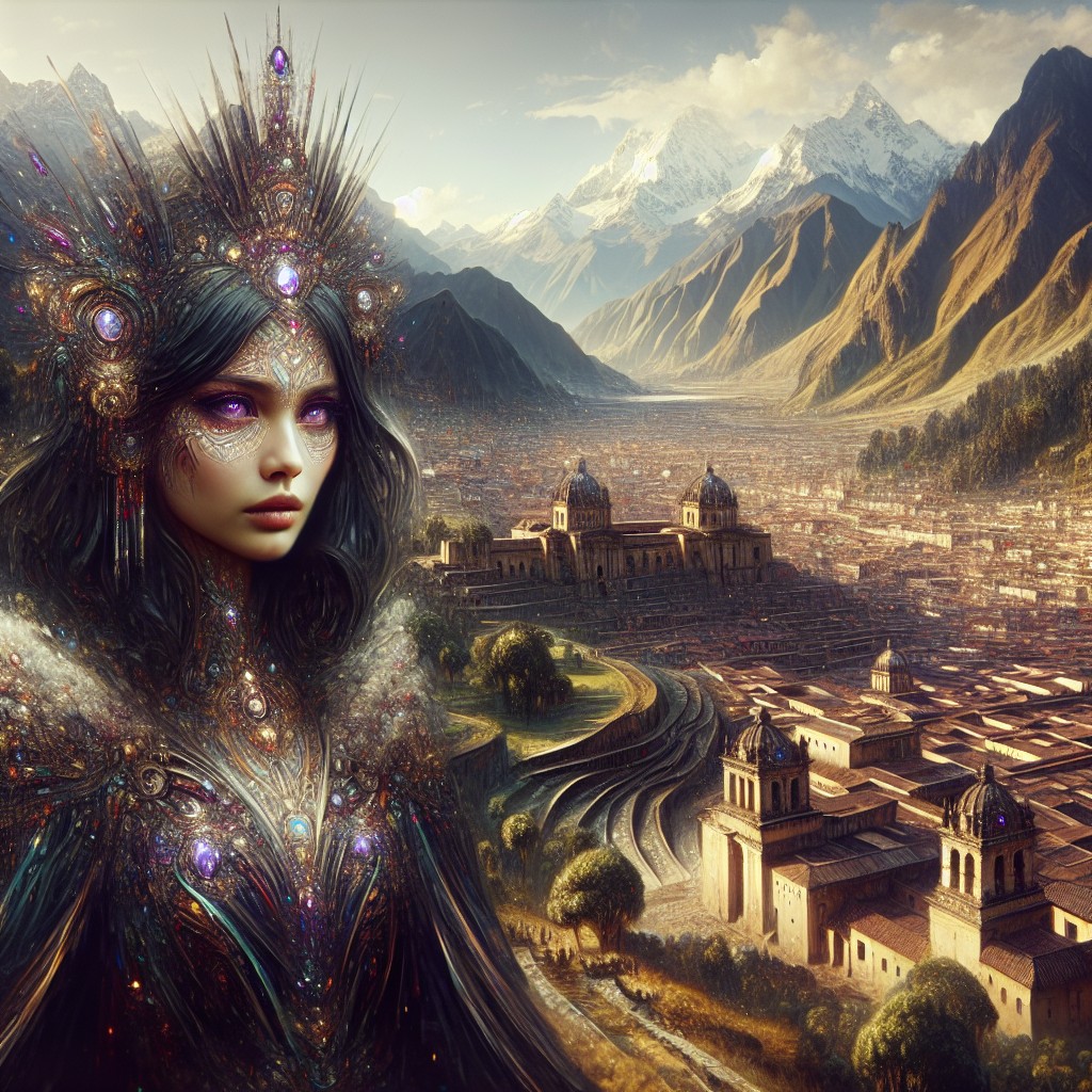 Image of Una princesa inca con cabello negro y ojos brillantes como gemas preciosas en una ciudad rodeada de majestuosas montañas y valles fértiles.