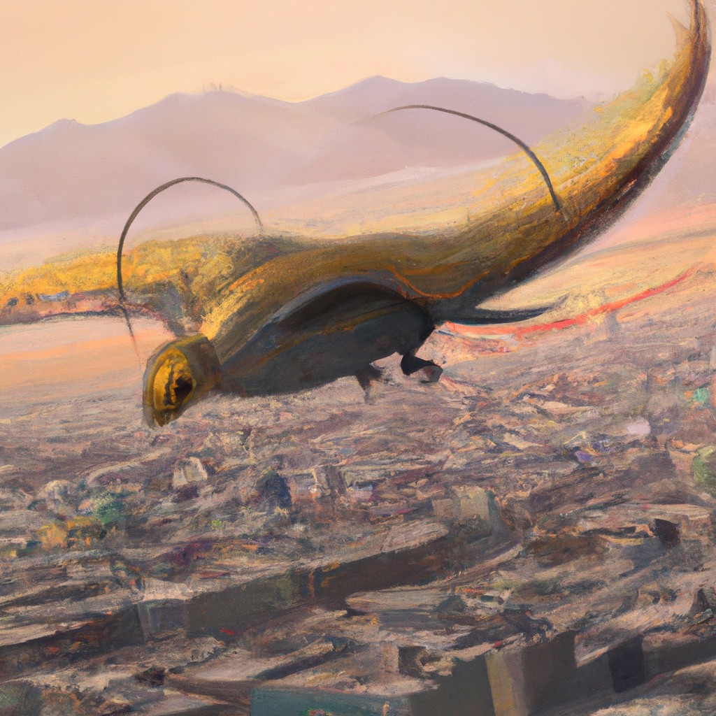 Image of Un dragón arequipeño con escamas doradas y ojos brillantes, volando sobre la ciudad de Arequipa mientras disfruta de un apetitoso plato de adobo.