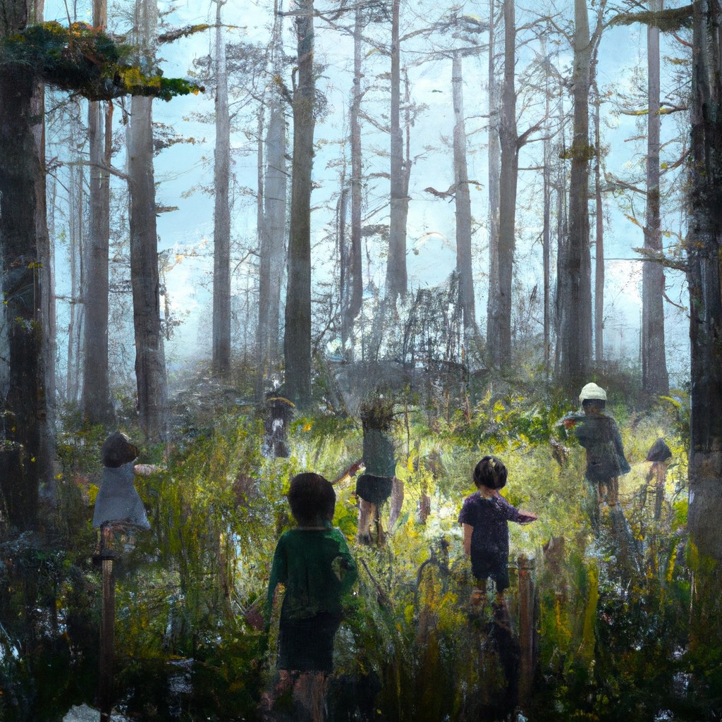 Image of Un grupo de niños caminando por el bosque, rodeados de árboles altos y frondosos.