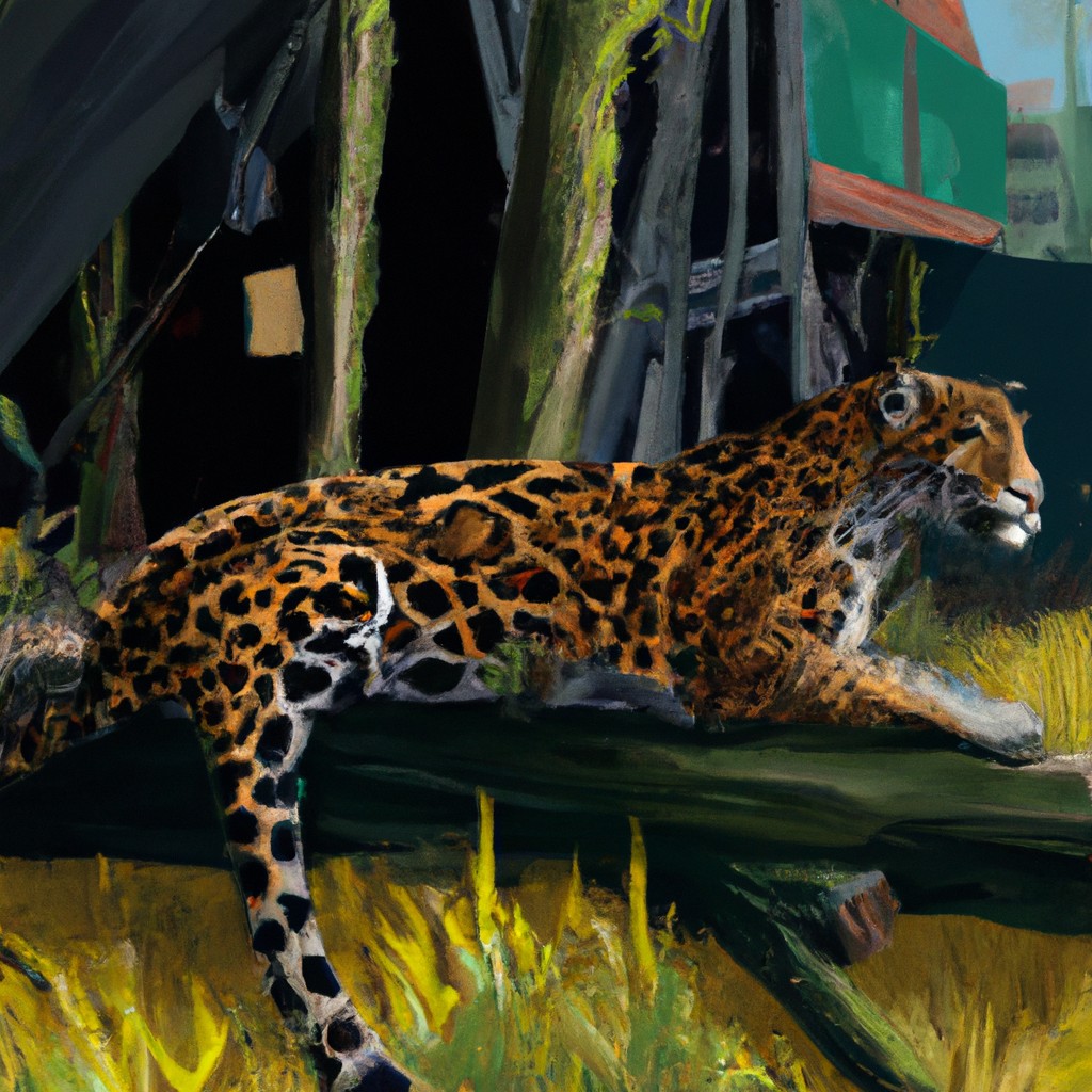 Image of Un jaguar con un pelaje manchado de negro y dorado descansando en la selva latinoamericana.