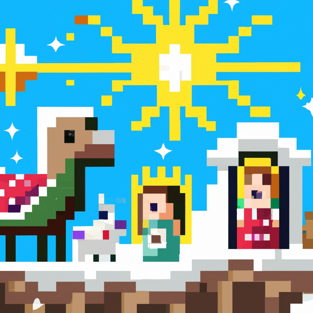 Image of Un pesebre de Minecraft en Belén con María, José, el Niño Jesús, los tres reyes magos, los animales y la estrella brillante en el cielo.