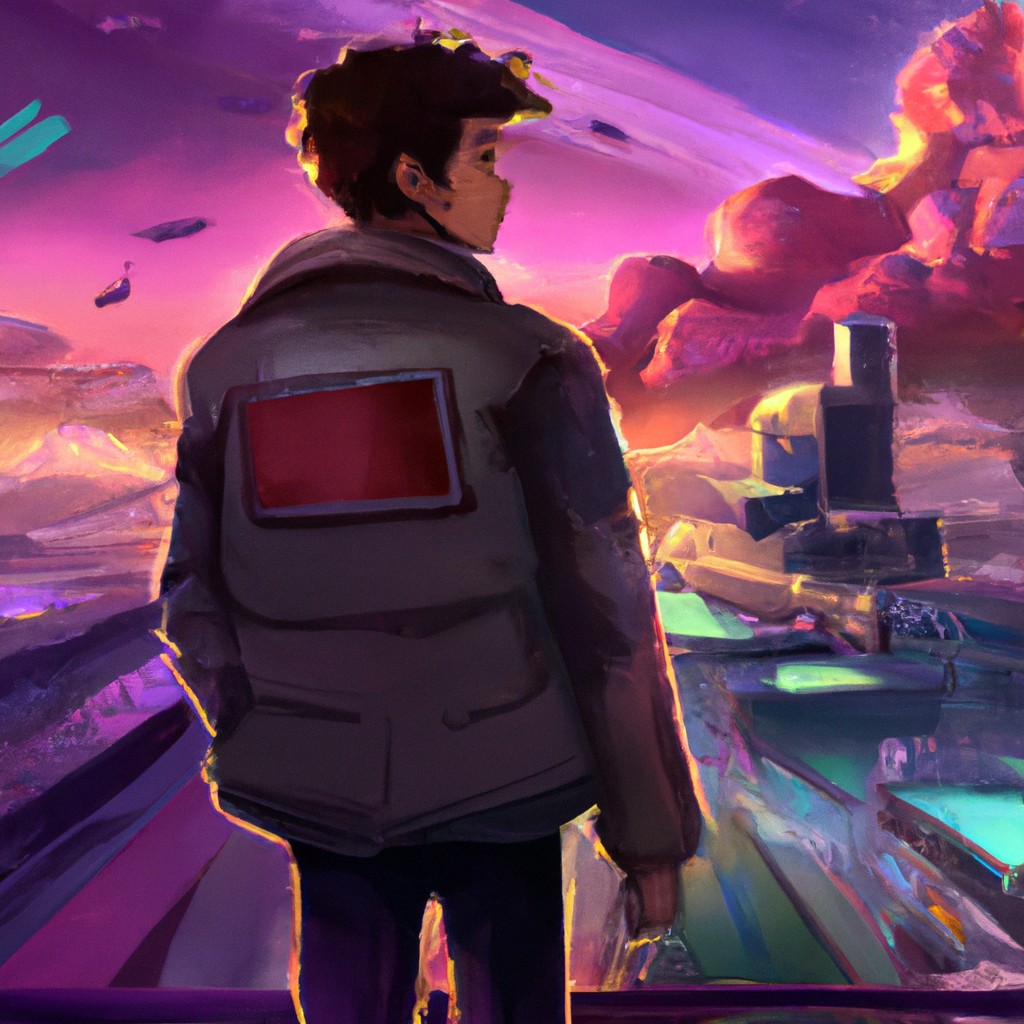 Image of Un joven con pasión por la ciencia ficción en una ciudad futurista rodeada de nubes y luces brillantes.