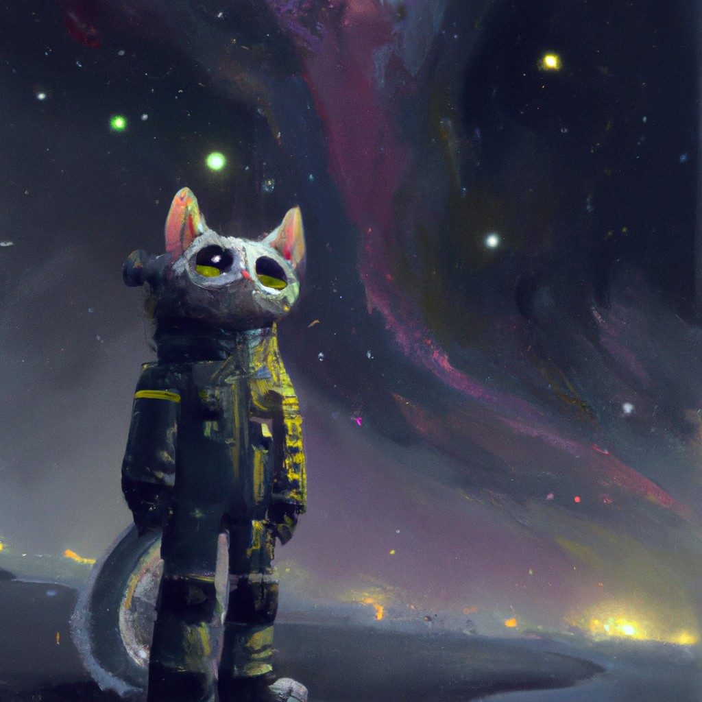 Image of Un gato con un traje espacial mirando hacia el cielo nocturno lleno de estrellas.