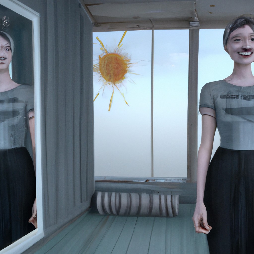 Image of Emily standing in front of a mirror, repeating positive affirmations and smiling confidently.