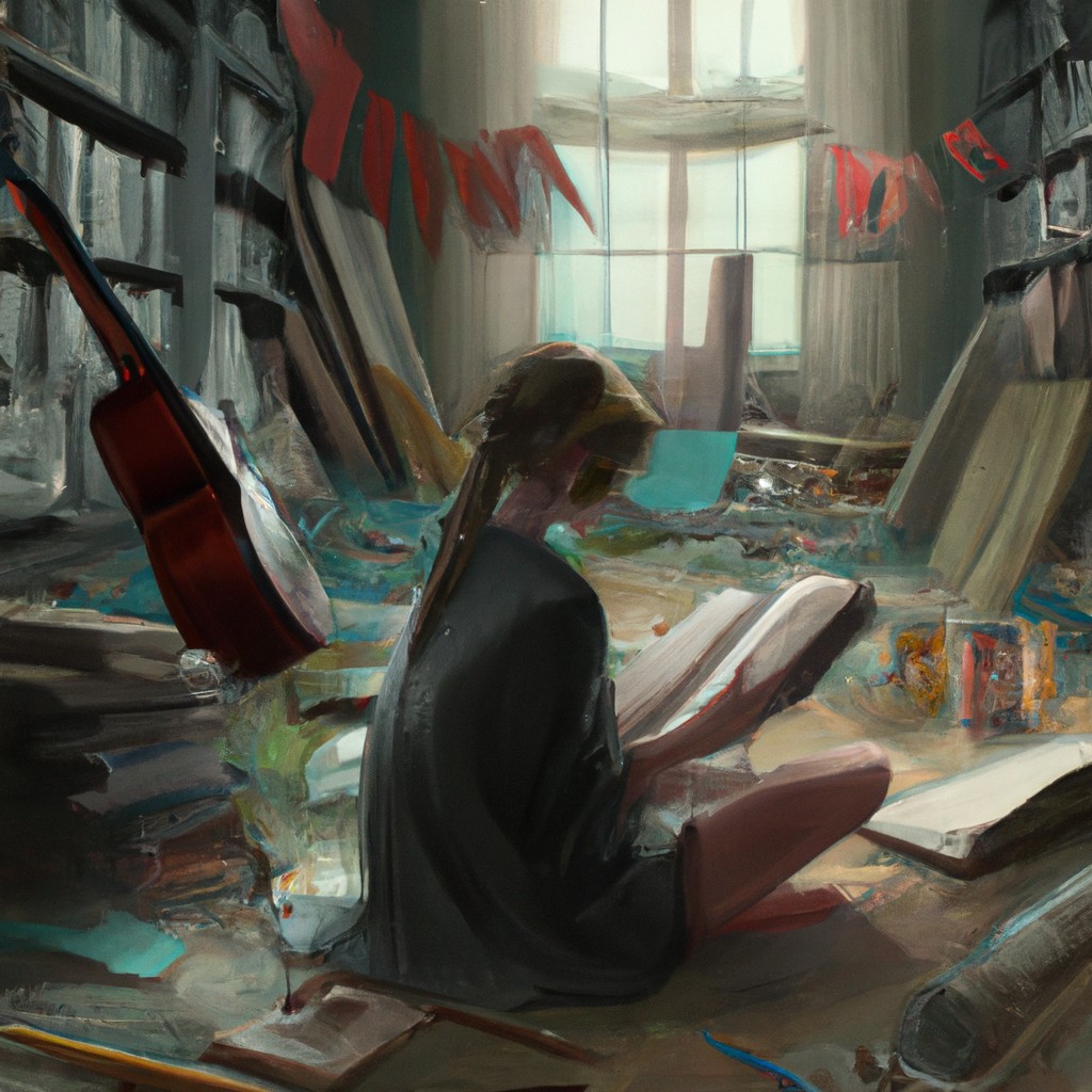 Image of A young girl surrounded by books, sheet music, and colorful paintbrushes, lost in the world of literature, music, and art.