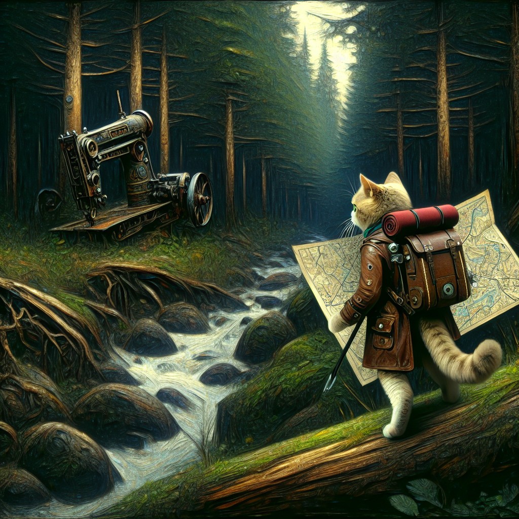 Image of Un gato aventurero llamado Tomás siguiendo un mapa en un bosque oscuro y espeso.