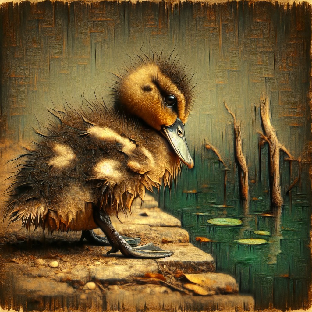 Image of Un patito triste con plumas caídas junto a un estanque