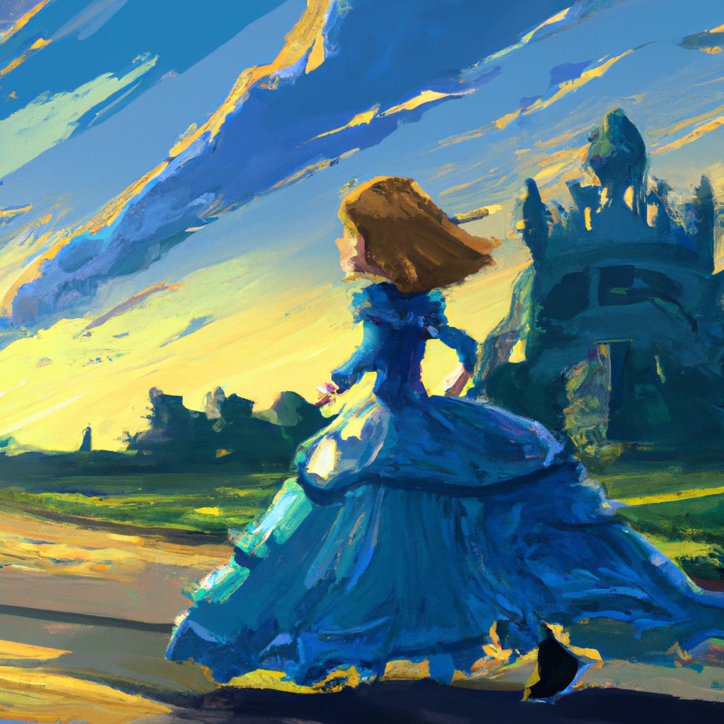 Image of Una princesa con vestido azul y pantalones, corriendo valientemente hacia el castillo del dragón mientras el sol brilla detrás de ella.