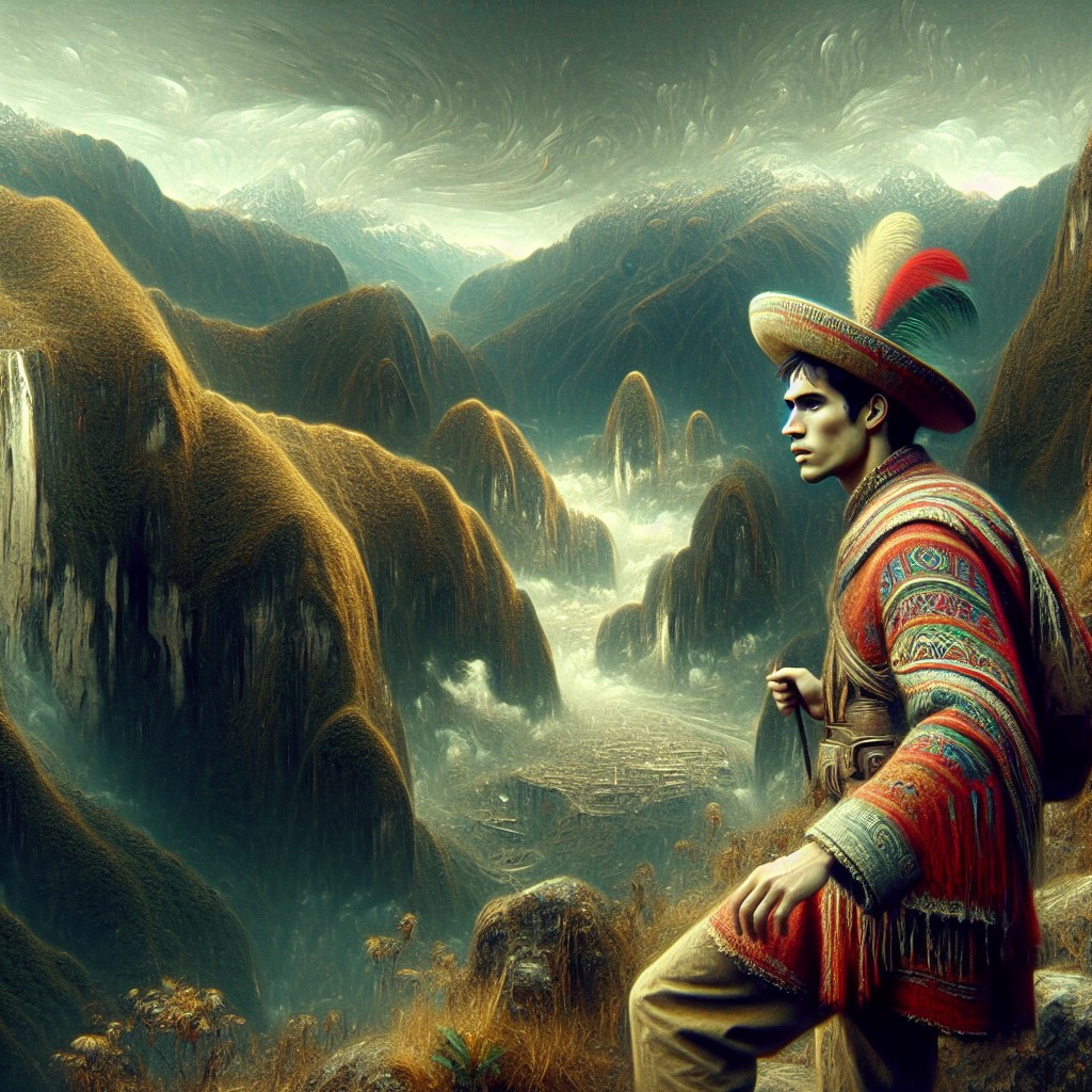 Image of Un joven con ropa tradicional Inca explorando las montañas de los Andes.