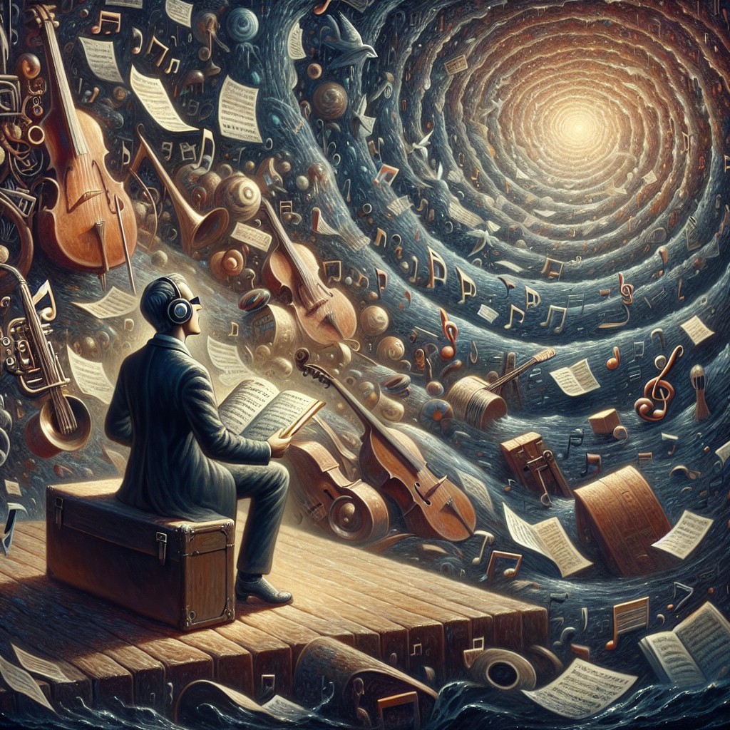 Image of A person lost in music, surrounded by musical notes and instruments, captivated by the melodies.