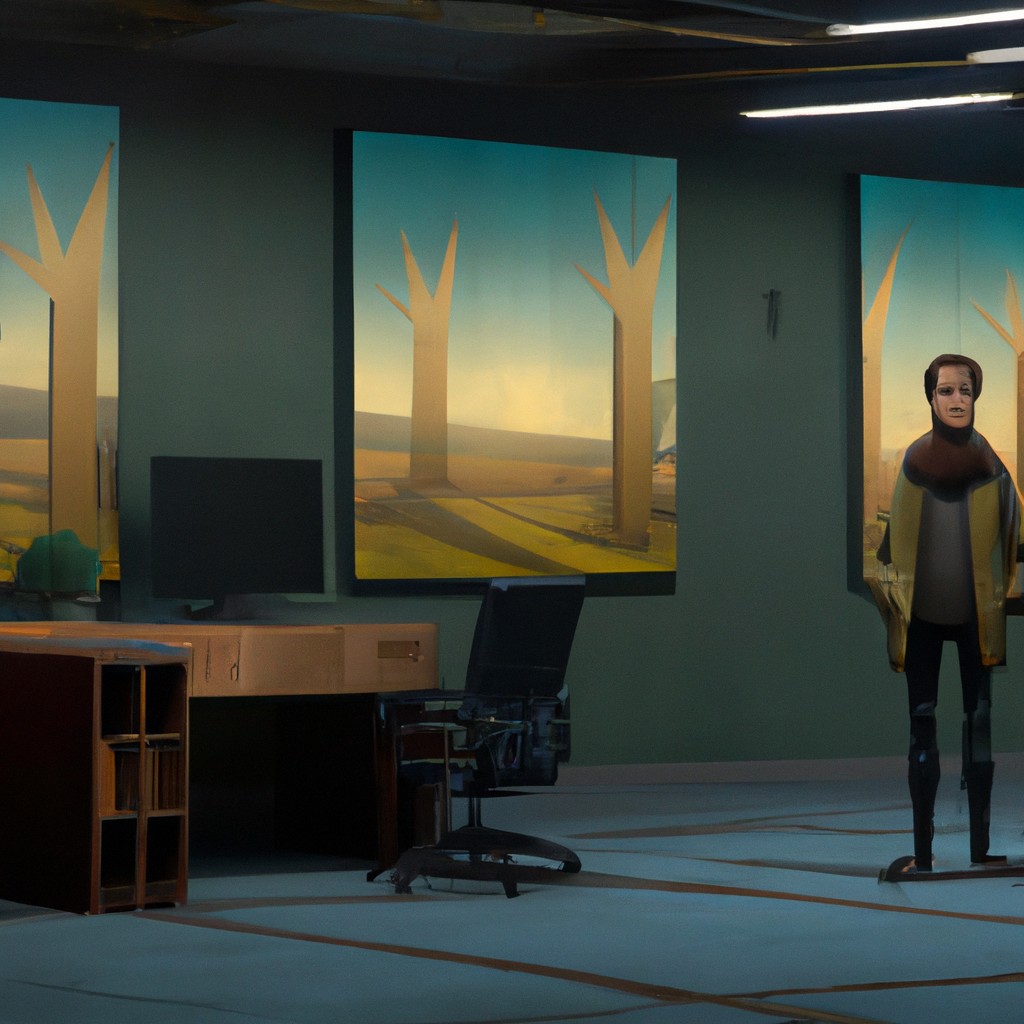 Image of Oliver standing in front of a corporate office, his artistic creations displayed on the walls.