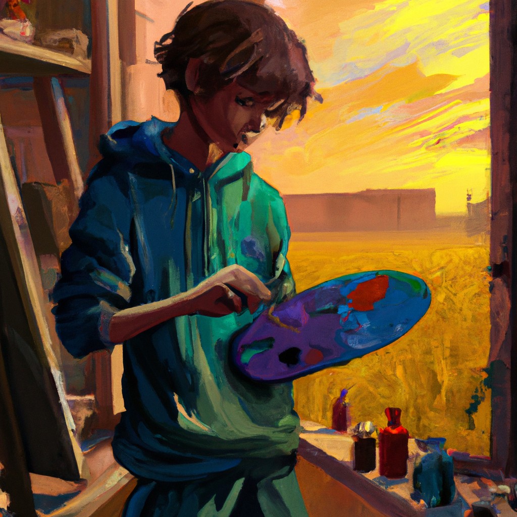 Image of A young boy with a paintbrush in his hand, surrounded by a vibrant palette of colors.