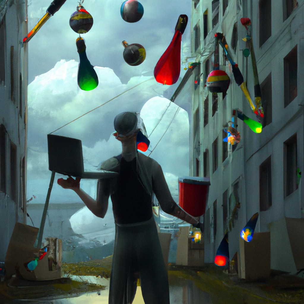 Image of A person juggling multiple tasks with colorful ideas floating above them.