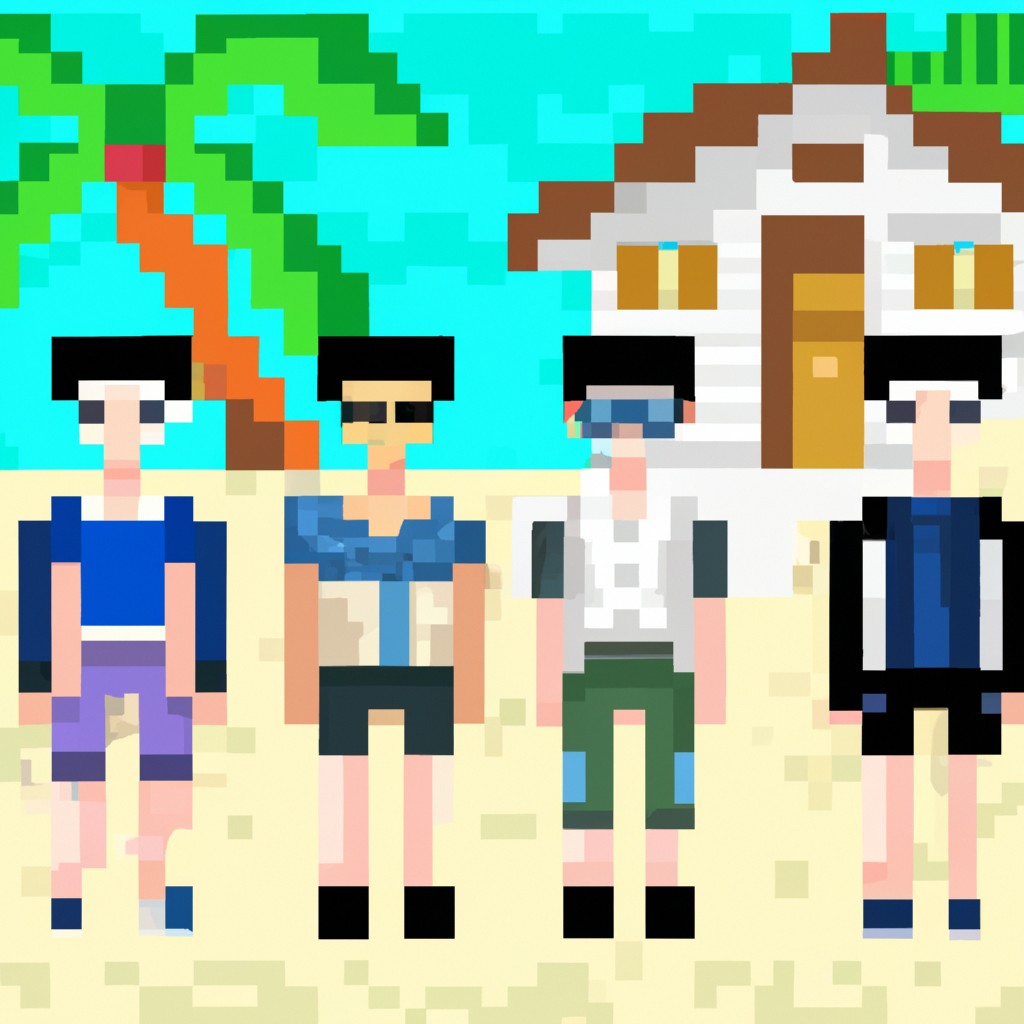 Image of A group of five young boys with stylish haircuts and trendy outfits living in a luxurious beach house surrounded by palm trees and crystal-clear turquoise water.